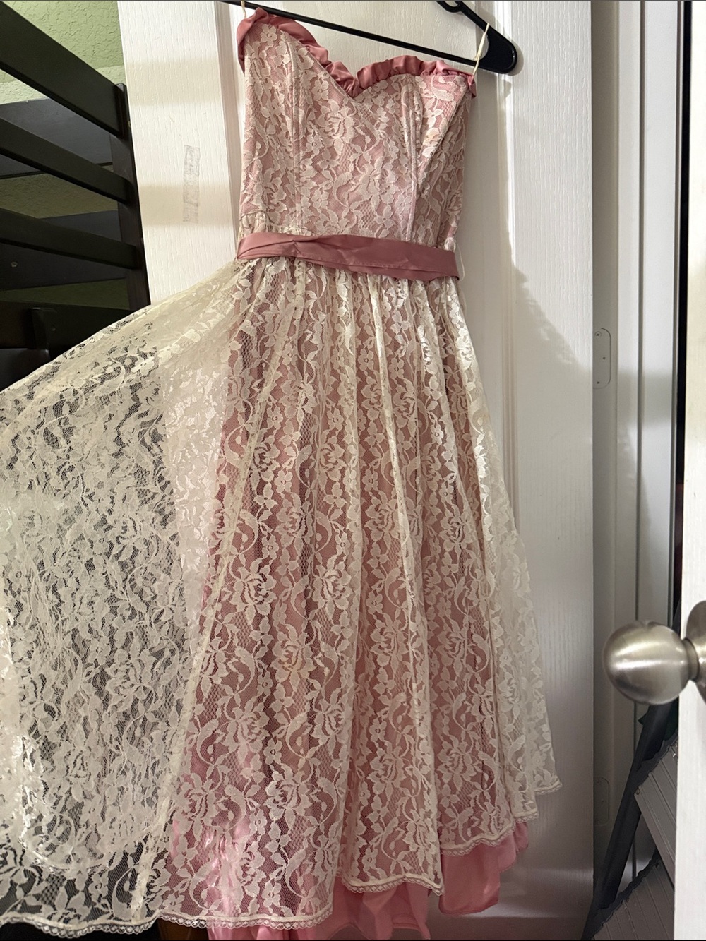 Gunne Sax Pink and Ivory Lace Strapless Formal Dress